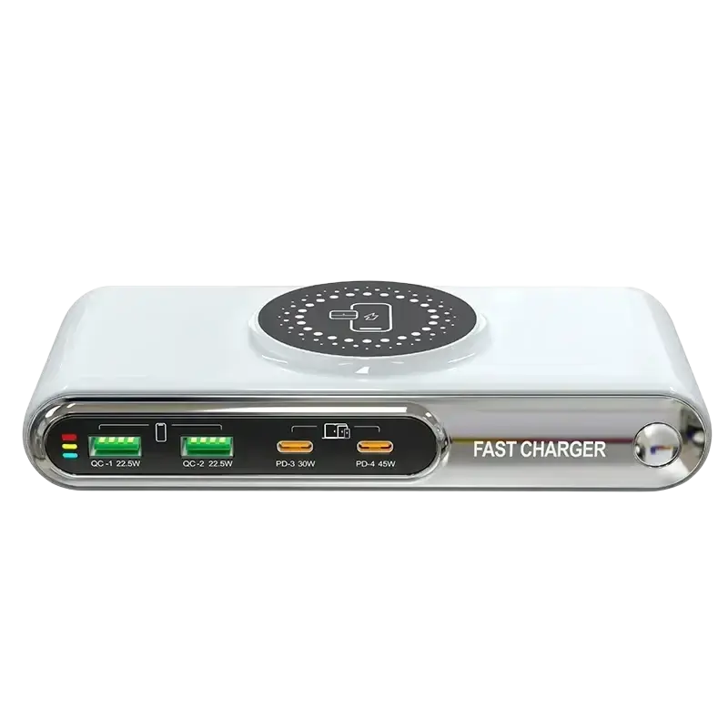 White and silver 72w 6-in-1 wireless fast charger with multiple usb ports and multiple protection mechanisms