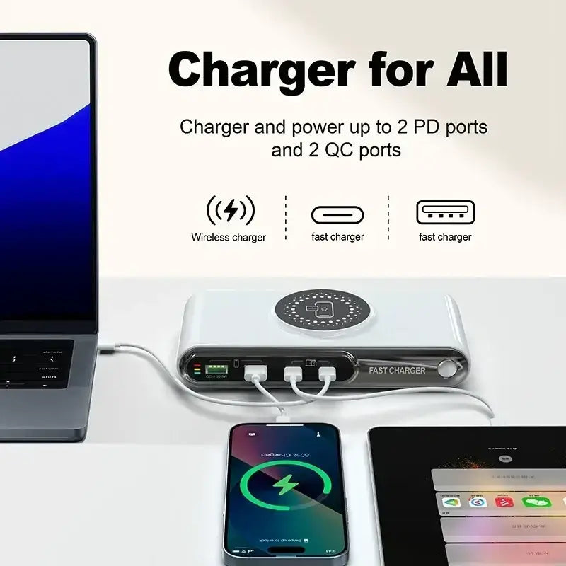White rectangular portable 72w 6-in-1 wireless fast charger with multiple protection mechanisms and usb ports