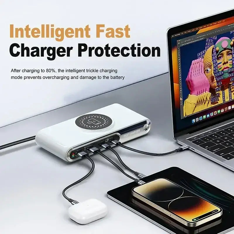 White rectangular 72w 6-in-1 wireless fast charger with circular pad and multiple protection mechanisms ports