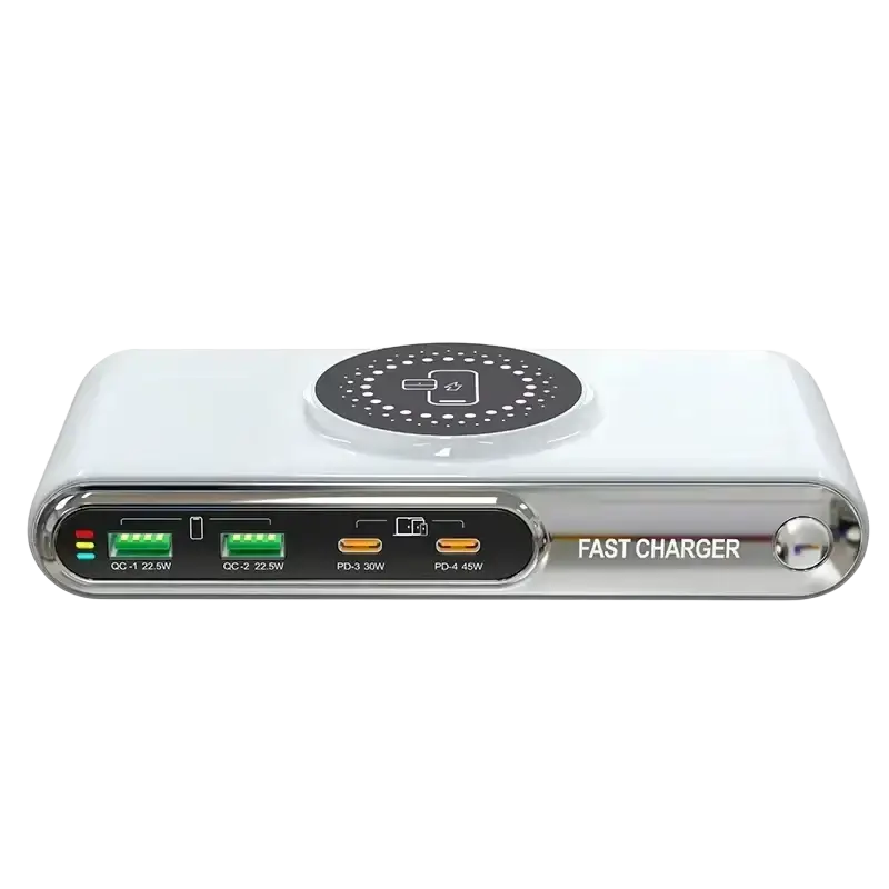 White and silver 72w 6-in-1 wireless fast charger with multiple usb ports and multiple protection mechanisms