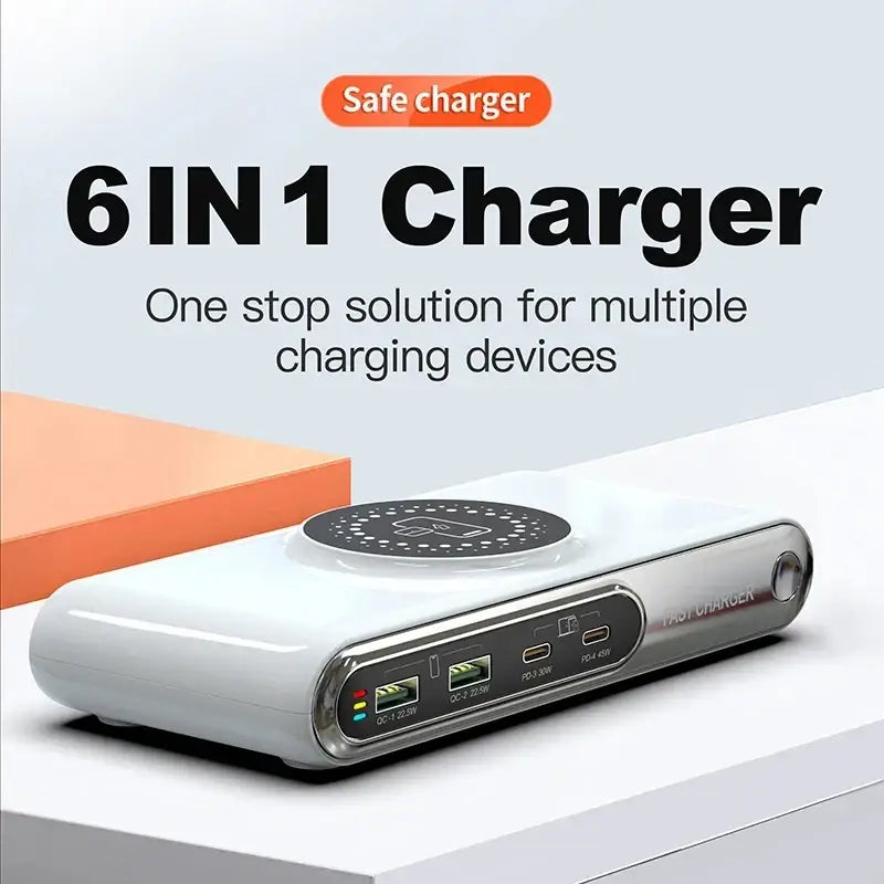 White 6-in-1 wireless fast charging hub with multiple usb ports and multiple protection mechanisms rohs fcc certified