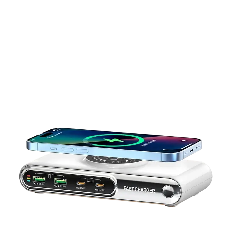 White rectangular 72w wireless fast charger with multiple usb ports and multiple protection mechanisms rohs fcc certified