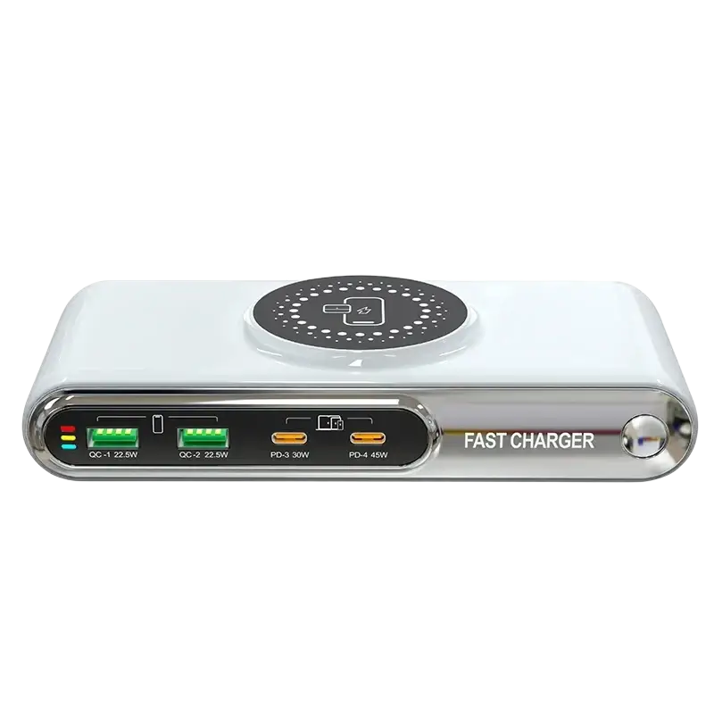 White and silver 72w wireless fast charger with multiple protection mechanisms rohs fcc and qc pd usb ports