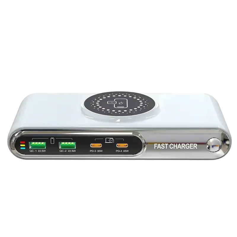 White and silver 72w wireless fast charger with multiple usb ports and multiple protection mechanisms rohs fcc certified