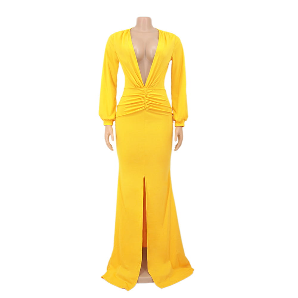 A vibrant yellow velvet v-neck evening dress with long sleeves, a mermaid silhouette, deep v-neckline, and ruched waist detail.