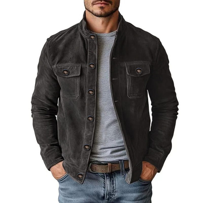 Herren-Casual-Dunkelgraue-Faux-Suede-Slim-Fit-Motorradjacke mit geknöpften Brusttaschen und Stehkragen.