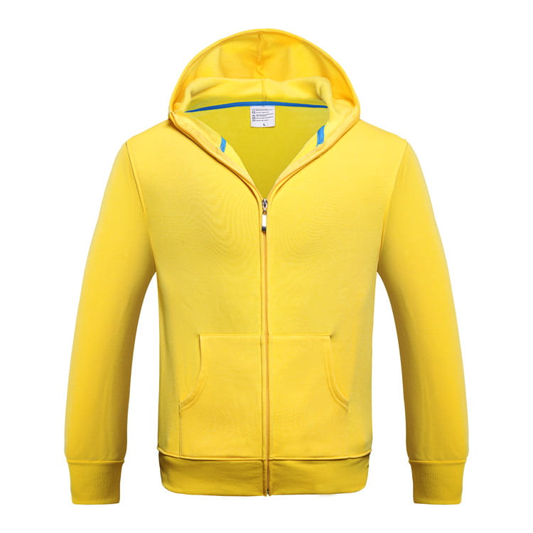Men’s contrast trim fleece zip hoodie in bright yellow with matching hood and front pockets featuring subtle blue trim along the inner collar.