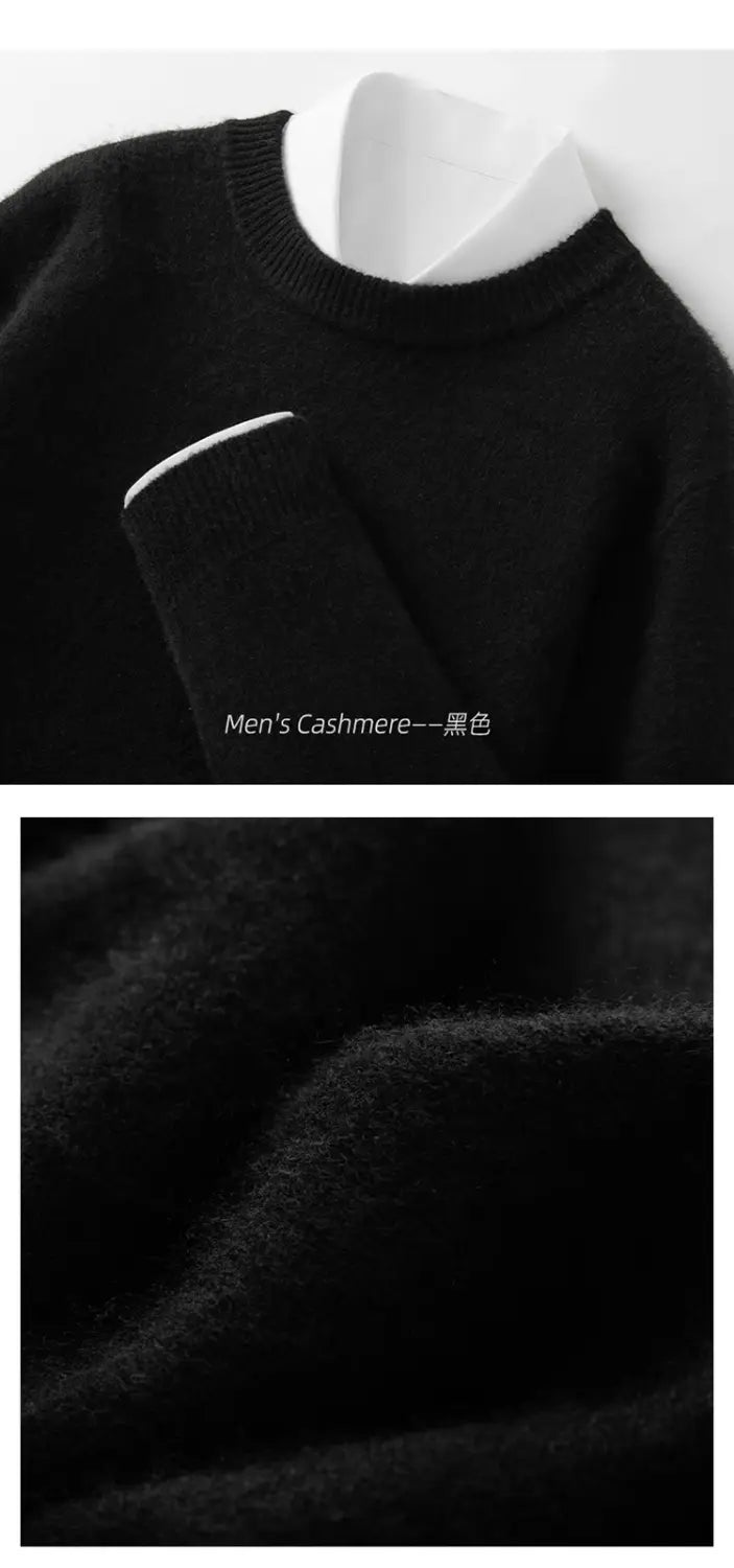 Schwarzer Herren-Strickpullover im Slim Fit, einfarbig, aus Kaschmir mit weicher, samtiger Textur und geripptem Halsausschnitt.