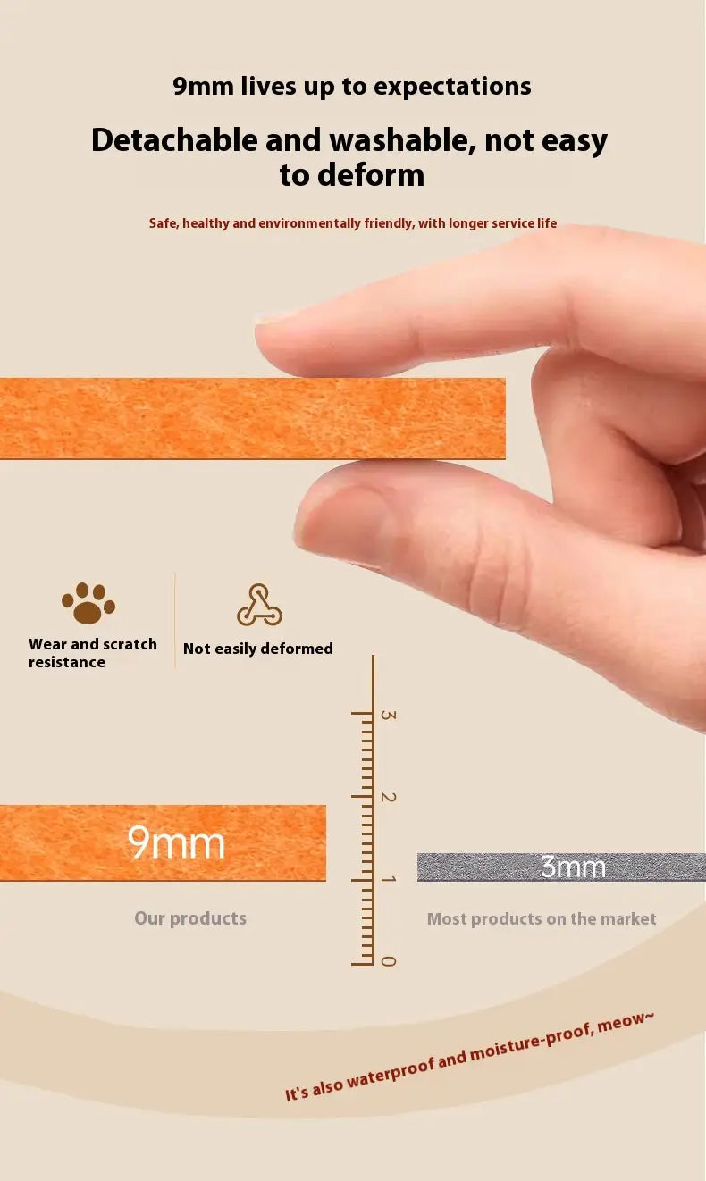Ein 9 mm dicker orangefarbener Silikonriemen mit glatter Oberfläche und robustem Design für das vertikale Wandkratz-Element aus Sisalfasermatten am Kratzbrett für Katzen.