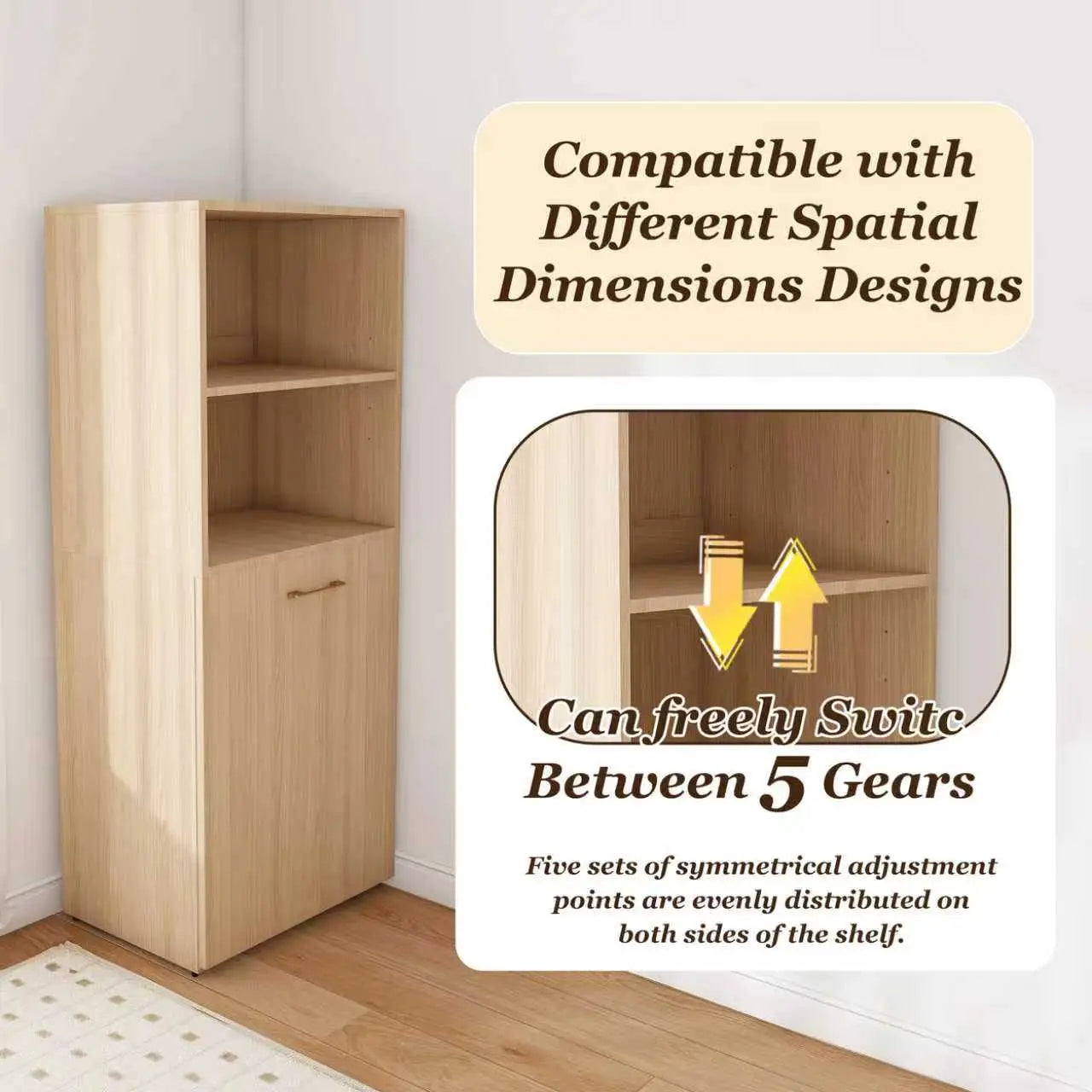 Bibliothèque extensible en finition bois clair réglable, avec une seule porte et trois étagères ouvertes, conçue comme un bureau extensible avec étagères de rangement et roues.