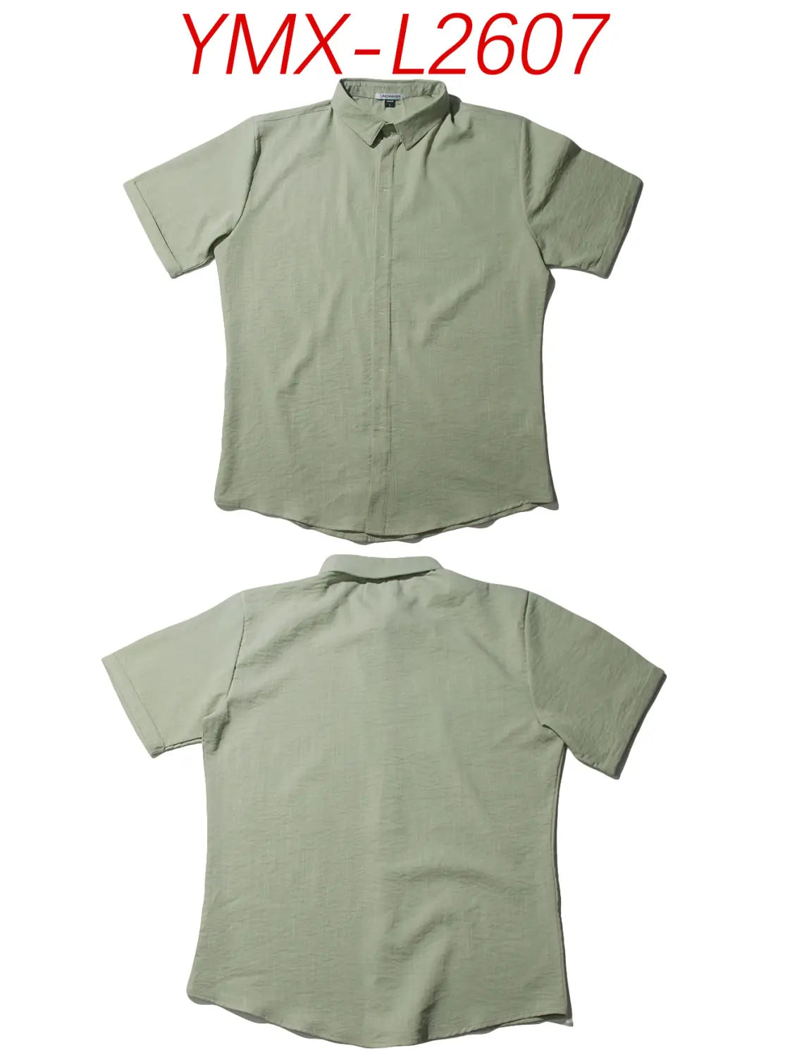 Men’s textured bamboo linen short sleeve button down shirt in olive green with a classic collar and neat stitching.