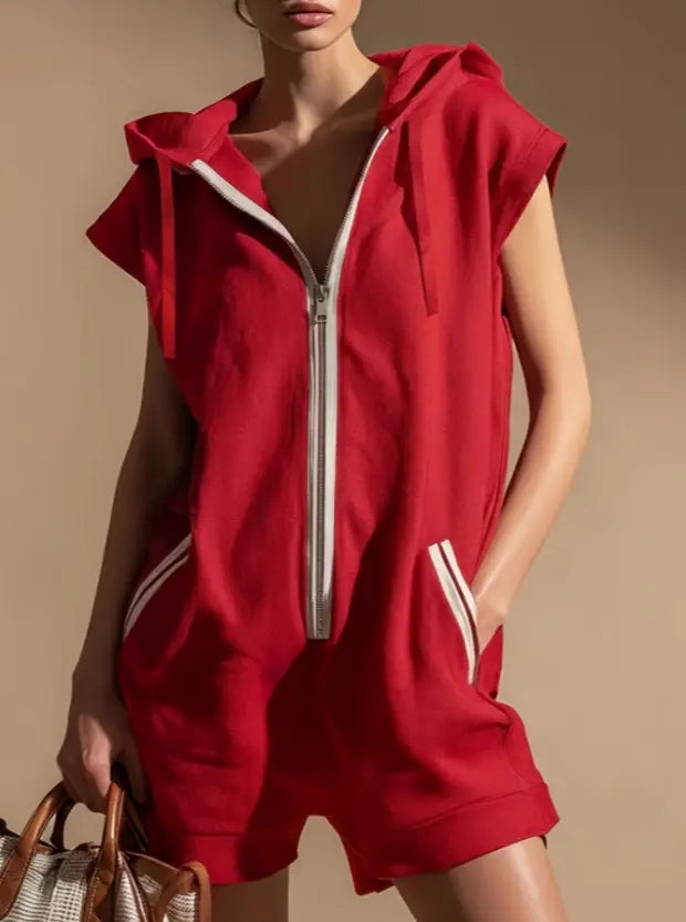 Red sleeveless hooded romper with half zip front, white side stripes, and pockets designed for casual wear.