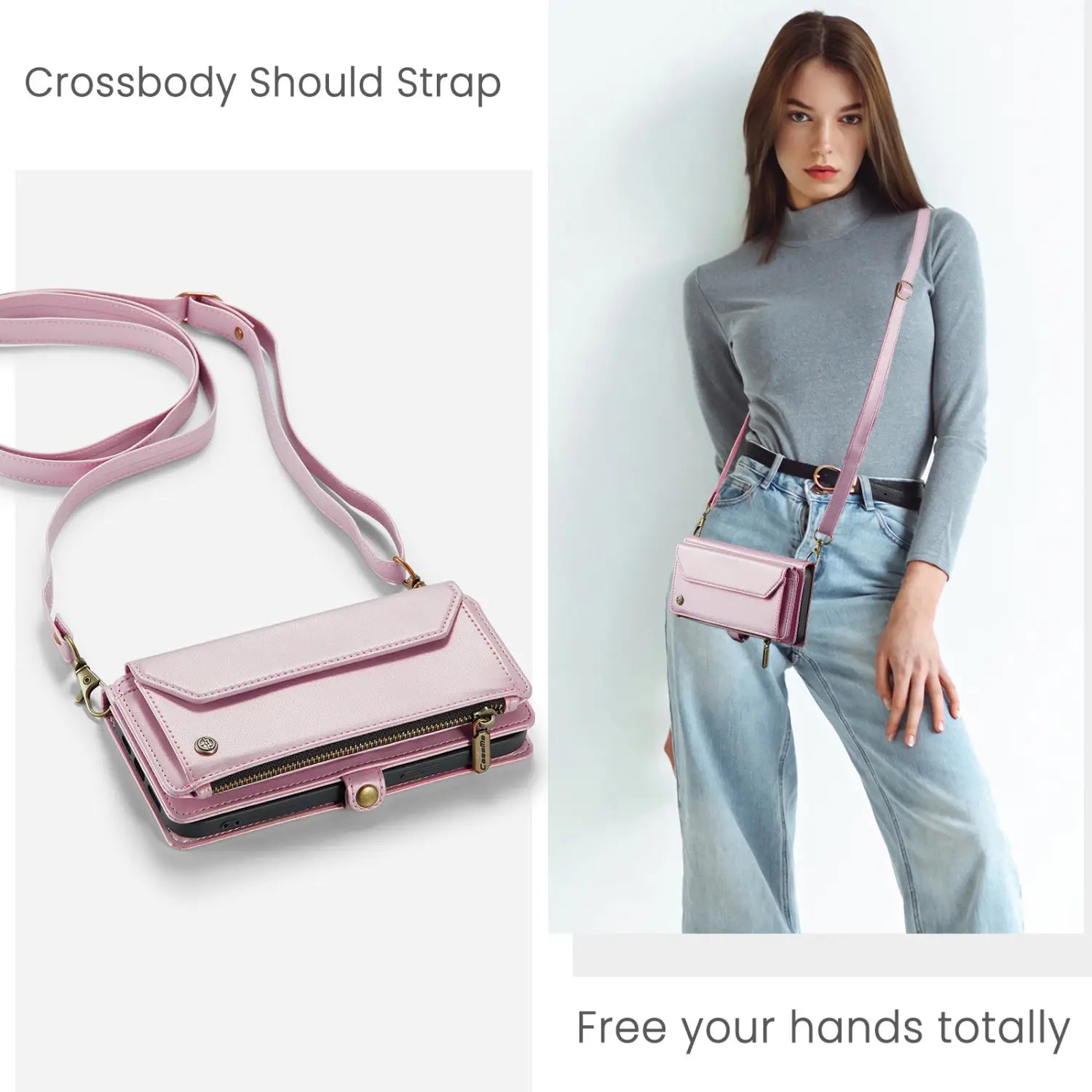 Leather wallet phone case in pink with an adjustable crossbody strap and gold-tone hardware.