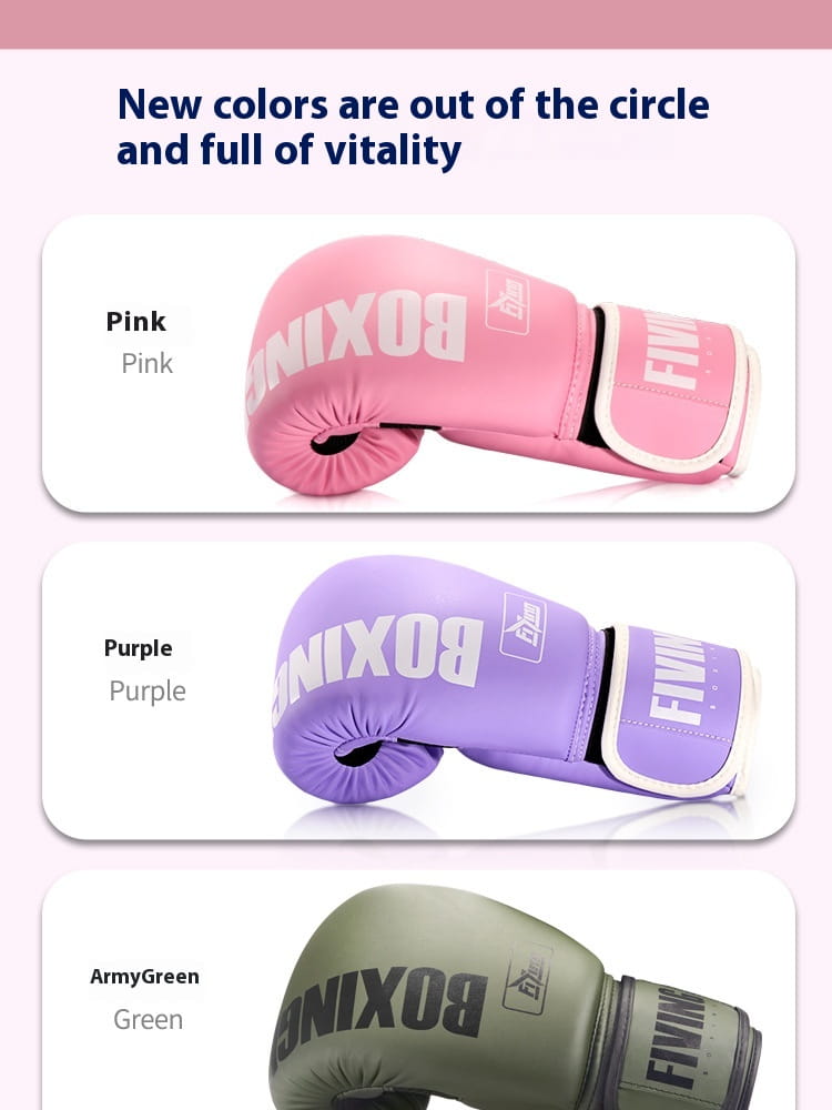 Damen-Rosa-Boxhandschuhe mit weißer Beschriftung und Einfassung, ausgelegt für Training und Sanda-Kampfausrüstung.