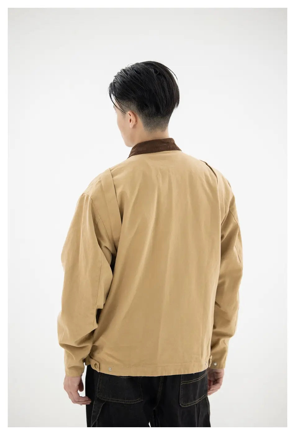 Retro washed Detroit jacket men featuring a tan utility design with a contrasting brown collar and subtle stitching details.