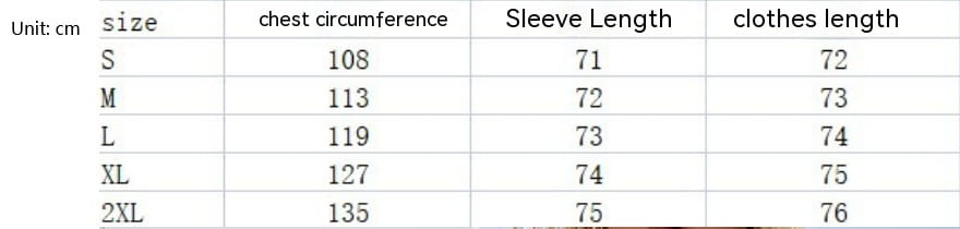Size chart displaying chest circumference, sleeve length, and clothes length measurements in centimeters for women cotton hooded quilted puffer jacket in sizes S through 2XL.
