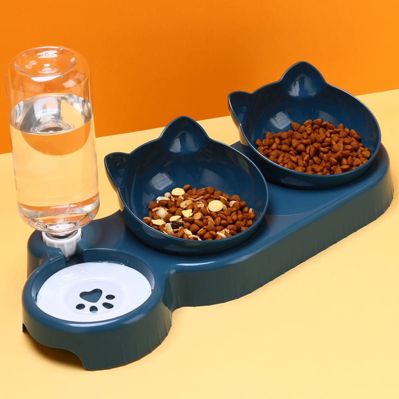 Ensemble de distributeur orthopédique pour animaux en forme de chat bleu, avec deux bols et un raccord de bouteille d’eau automatique pour chats.