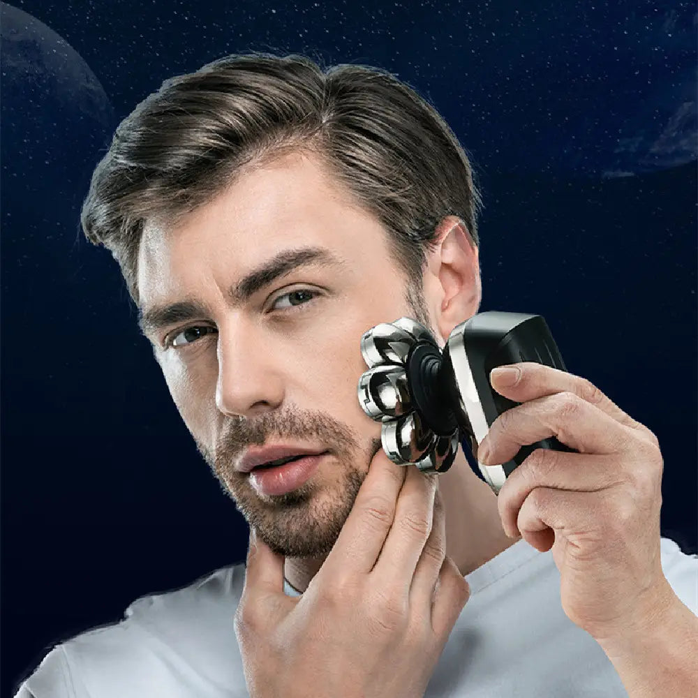 Black and silver electric rotary razor with multiple circular blades from the 8-in-1 electric head shaver waterproof grooming kit designed for versatile grooming.