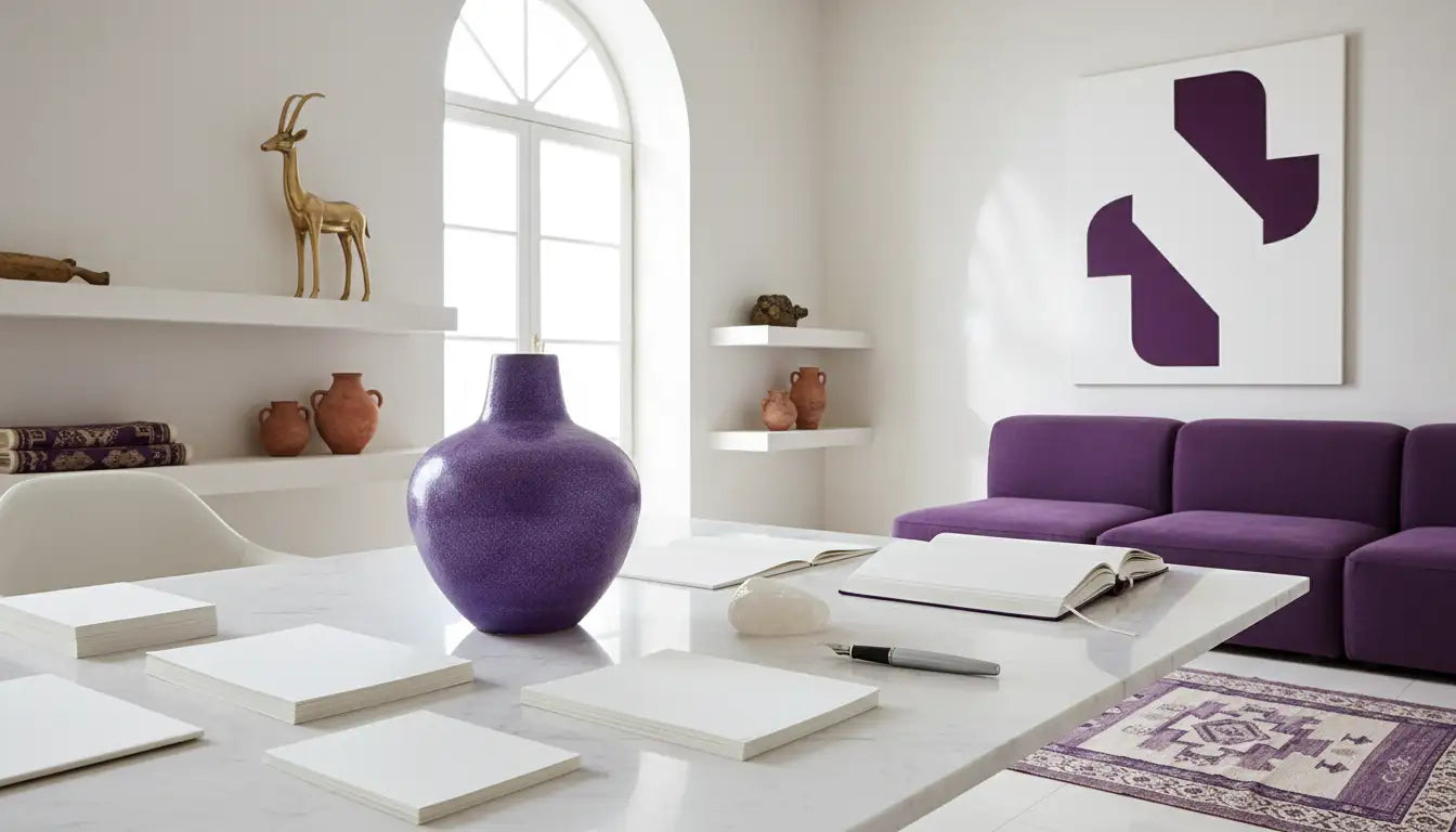 A glossy purple ceramic vase with a rounded body and narrow neck sits prominently on the white table.