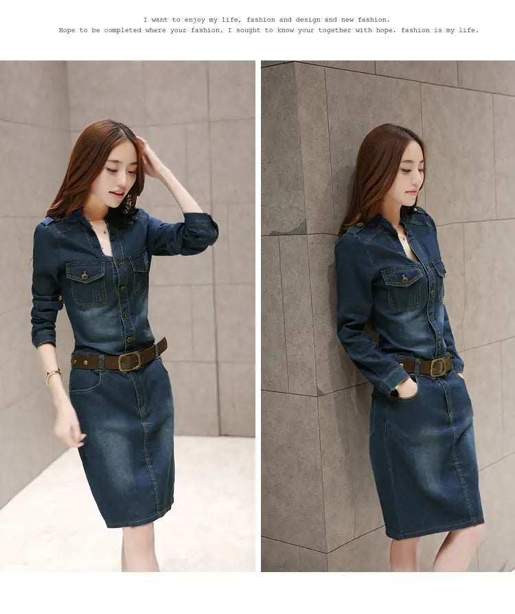 Dark blue denim midi shirt dress with button front and chest pockets worn with a brown belt styled as an elegant high waist button down dress.