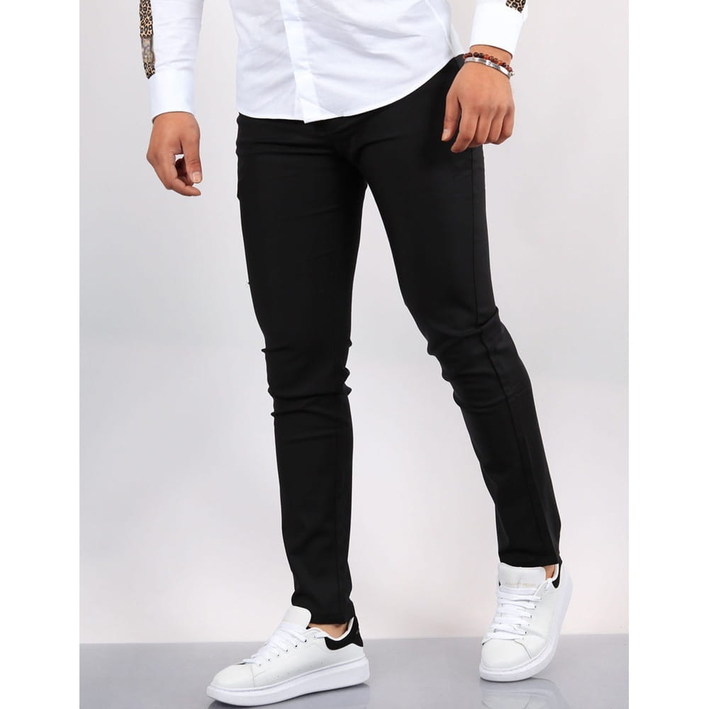 Men’s slim fit modern cotton blend black pencil trousers with a sleek design and subtle stitching details.