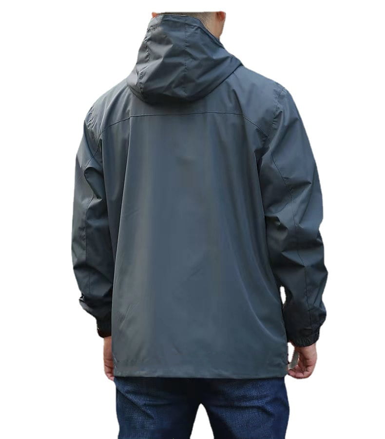 Men waterproof hiking jacket in dark gray with a waterproof hooded design, lightweight material, and black trim on the cuffs.