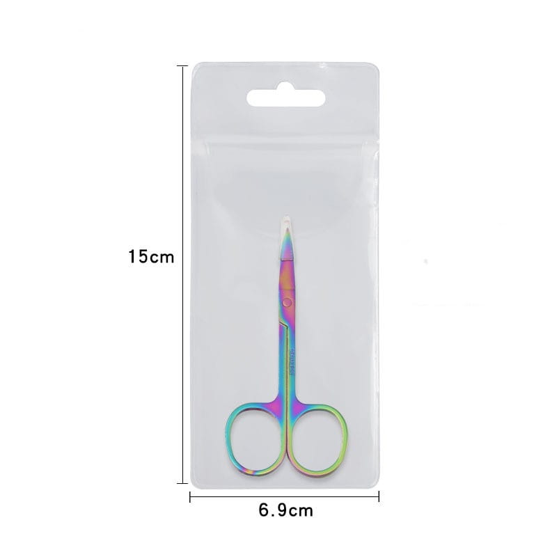 Ciseaux irisés en acier inoxydable pour taille-brow sourcils en forme de papillon, finition arc-en-ciel, emballés dans un étui en plastique transparent.