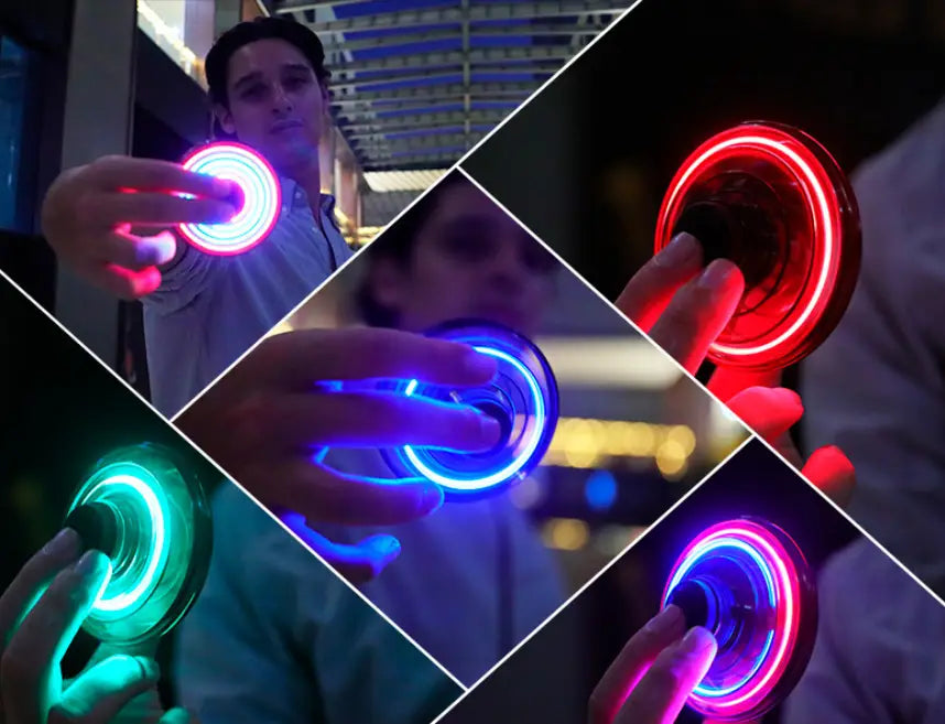 a glowing circular led flying ufo spinner mini drone fingertip gyro toy with a black central hub and vibrant neon lights in various colors
