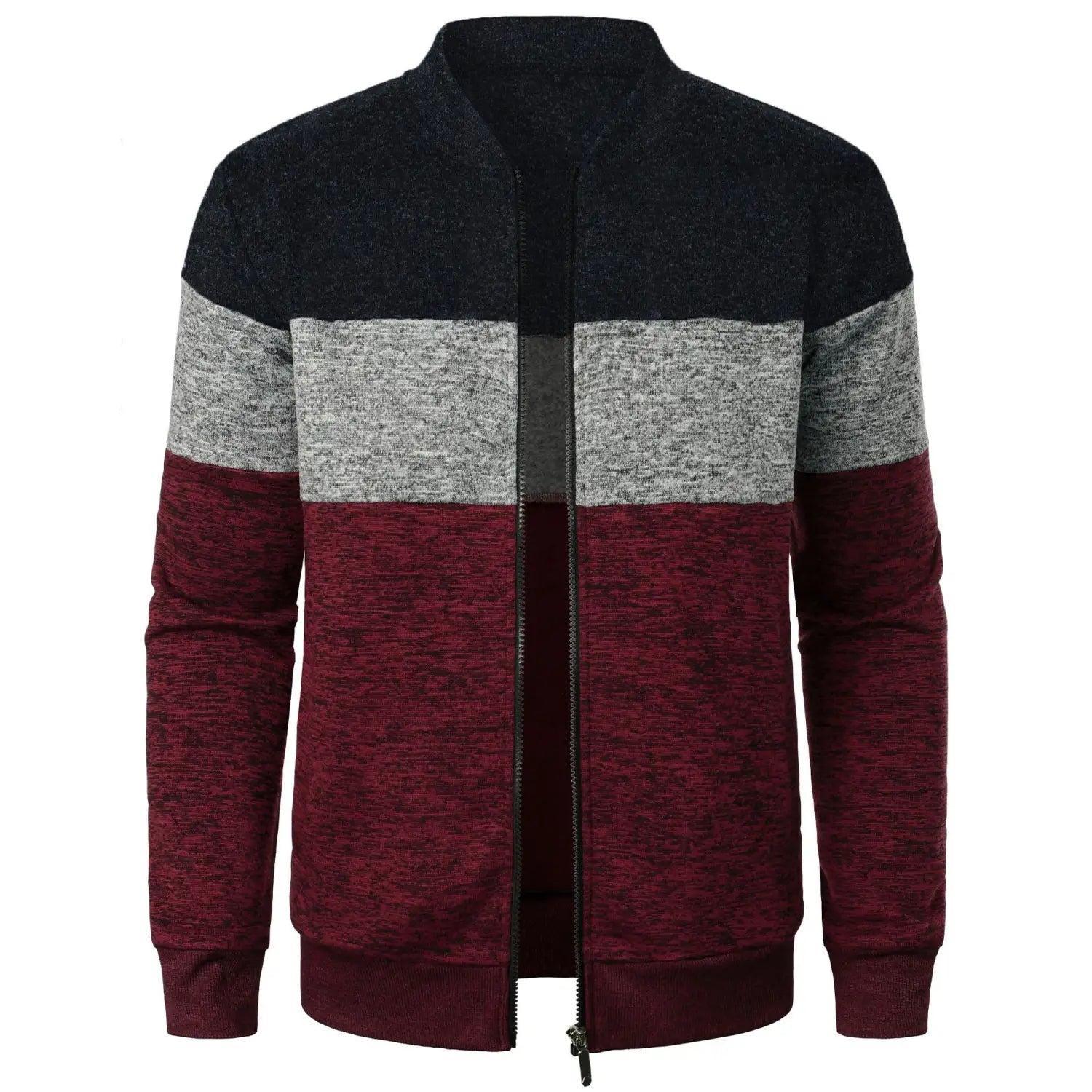 A men’s colorblock knit bomber jacket featuring a black collar gray midsection and maroon lower body.
