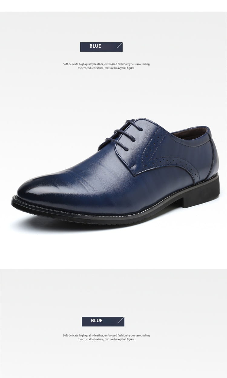 Chaussure habillée de type oxford en cuir pour homme, brogue, en cuir bleu marine poli au style épuré, avec des détails de surpiqûres discrets.