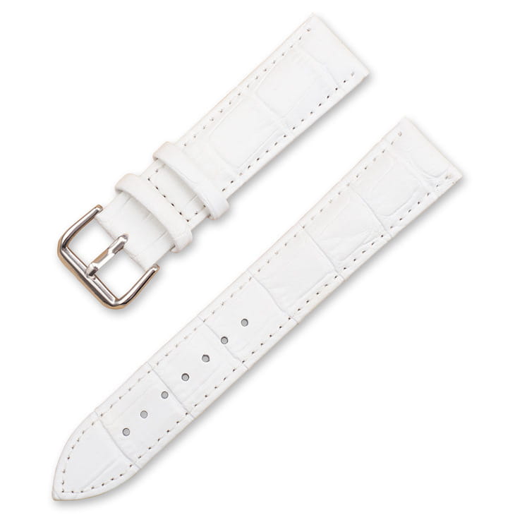 White crocodile-patterned leather watch strap set with silver-toned buckle for a distinguished timepiece accessory.