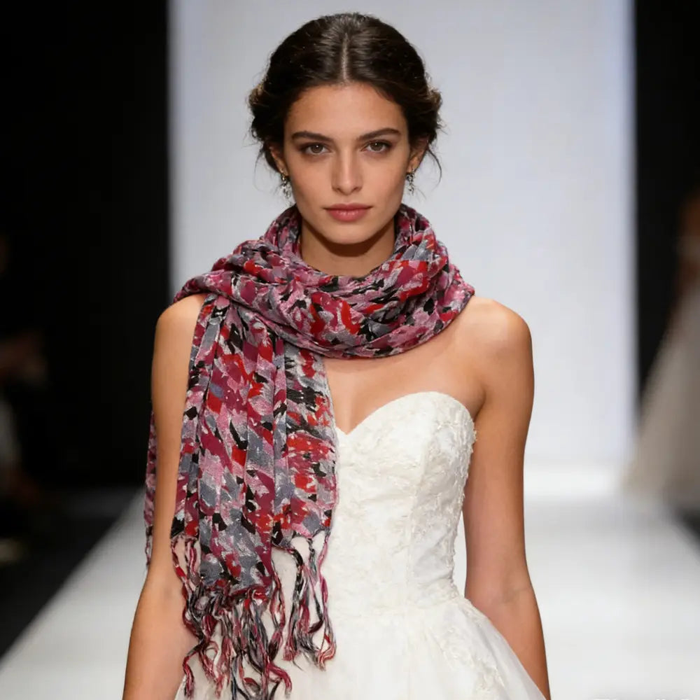 Una bufanda larga de viscosa fluida roja vibrante con un diseño con patrón en tonos de rojo, gris y negro, y bordes con flecos para vestidos.