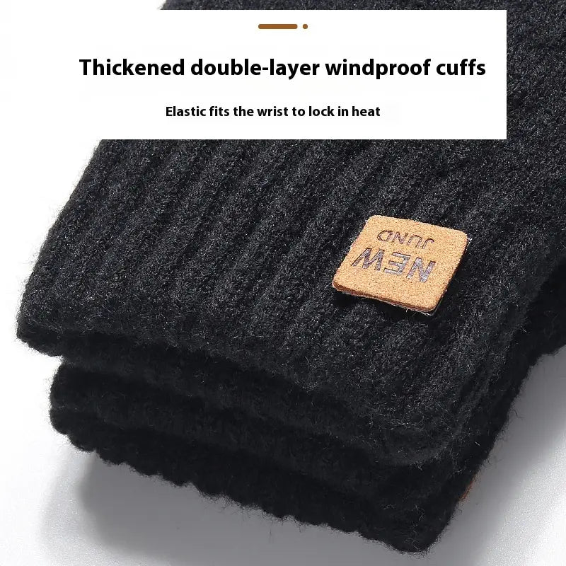 black knitted woolen winter socks with thickened double-layer windproof cuffs and tan leather patch label designed for thermal touchscreen winter gloves for women product display.