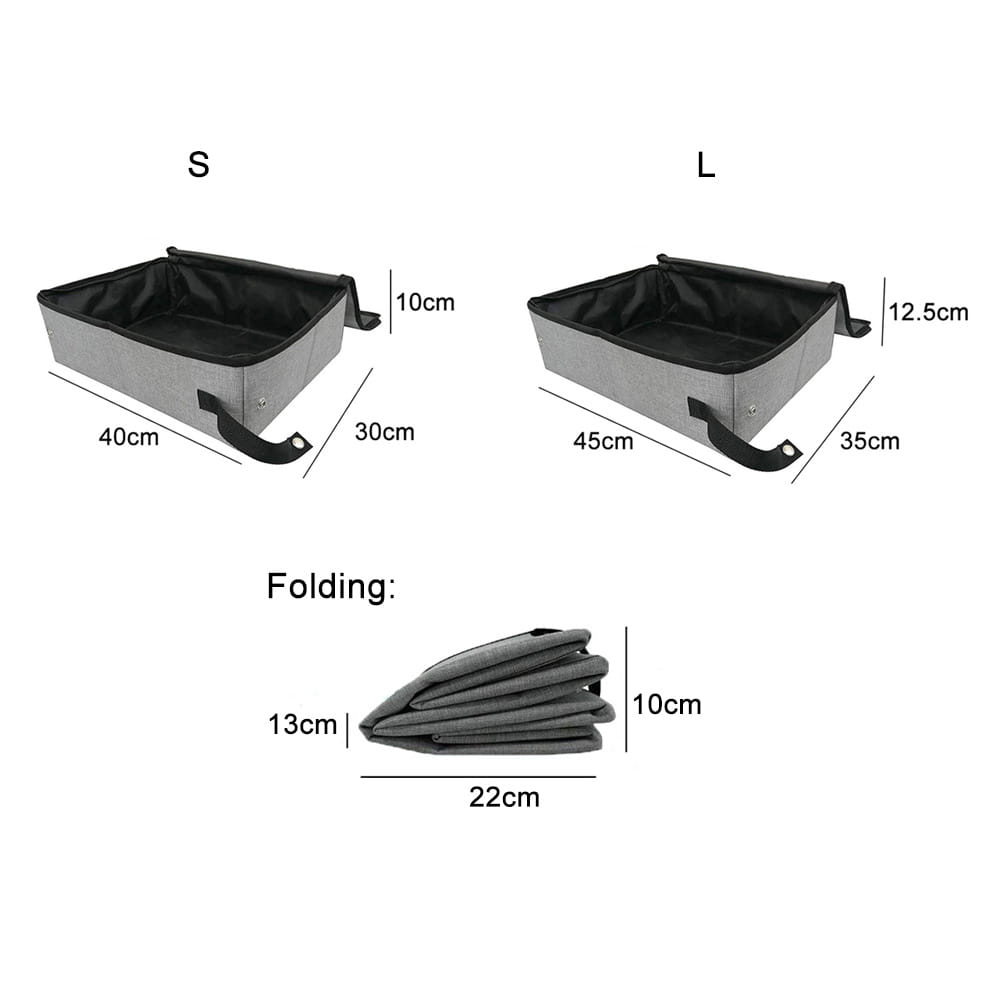 gray fabric storage bins with black interior lining and handles in small and large sizes designed as foldable waterproof gray fabric cat litter boxes