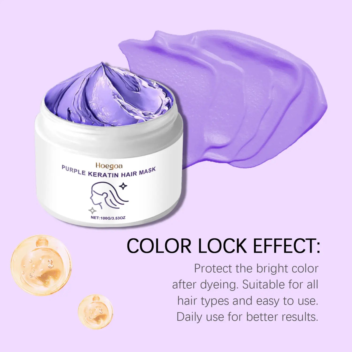 Un frasco blanco de mascarilla capilar de queratina morada hoegoa para cabello seco y encrespado de 50 ml, con una textura cremosa morada vibrante en su interior y derramada a su lado.