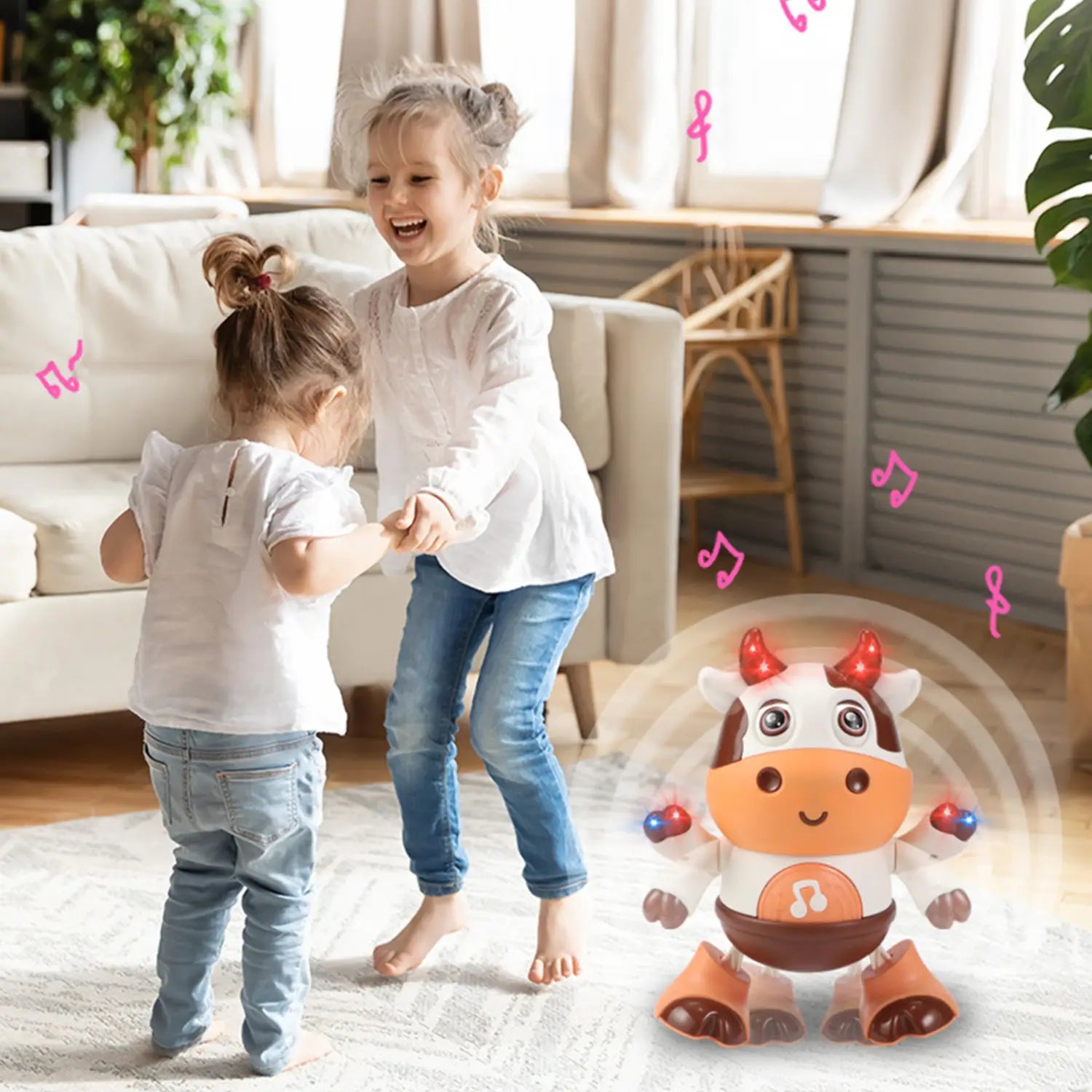 A charming orange and brown dancing cow musical robot toy with red horns blue lights on its arms and a musical note design on its belly.