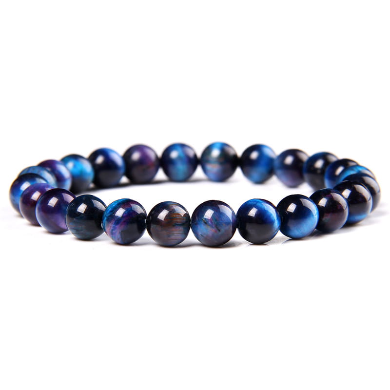 A sleek men’s 8mm natural tiger eye and gemstone bead bracelet featuring polished round blue and purple tiger eye beads with a glossy finish.