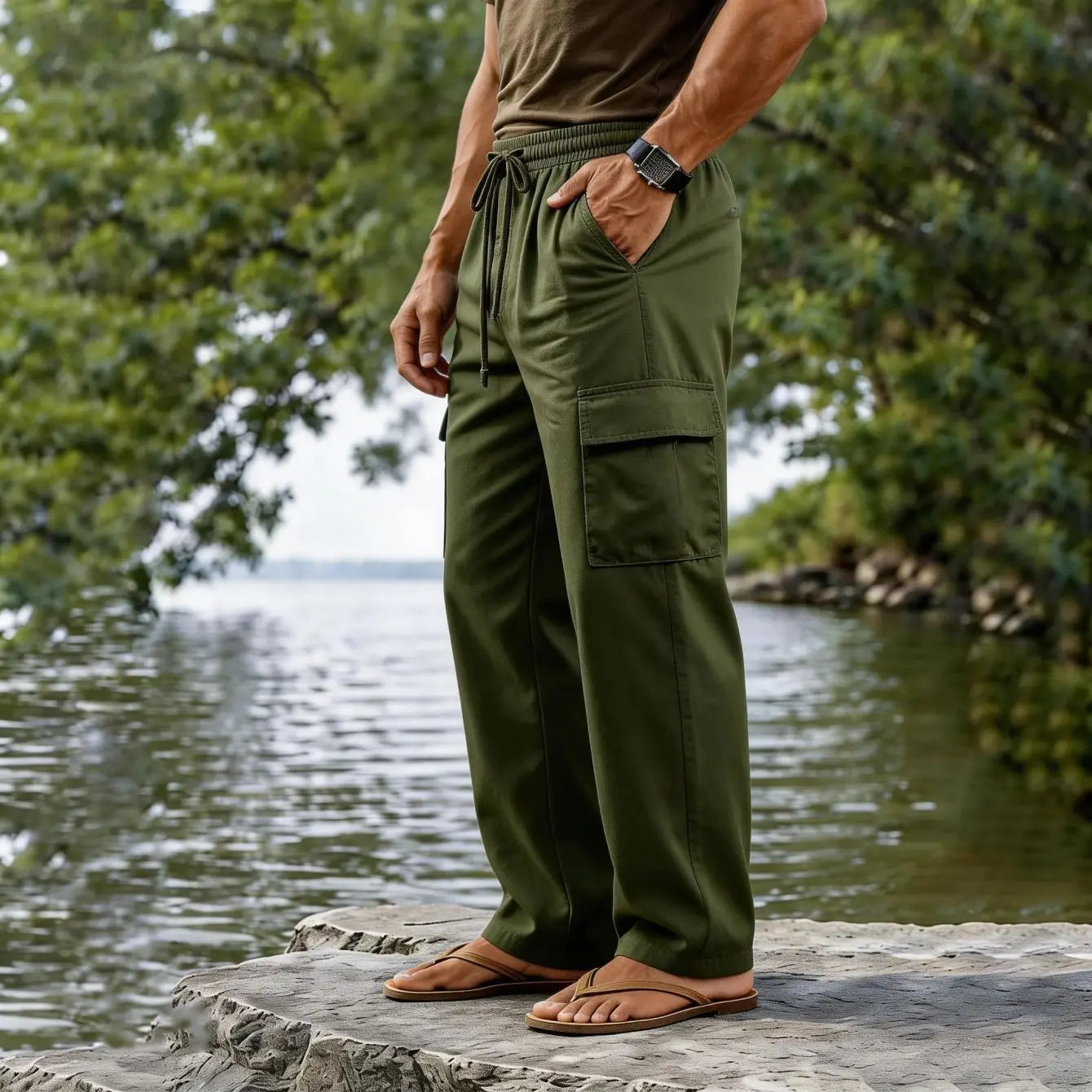 Men cotton linen olive green cargo pants with drawstring waist multiple pockets and casual straight leg design.