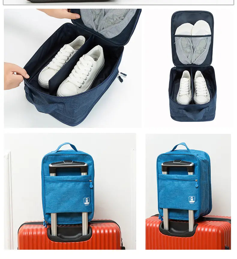 Housse de rangement pour chaussures en tissu bleu, organisateur de bagages de voyage portables, avec compartiments divisés et poignée supérieure, conçue pour s’adapter aux poignées de valise.
