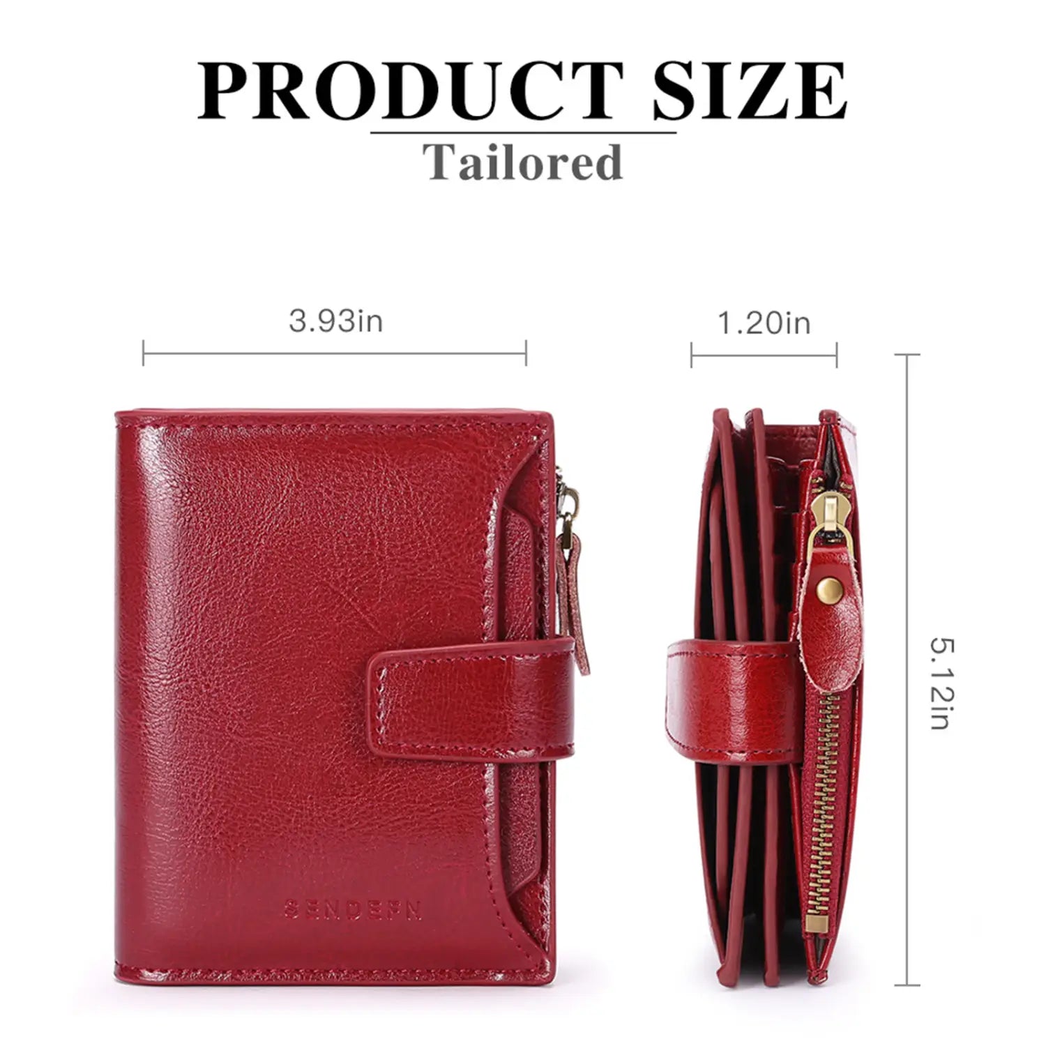 Red leather RFID wallet with zipper closure and flap strap featuring anti theft protection.