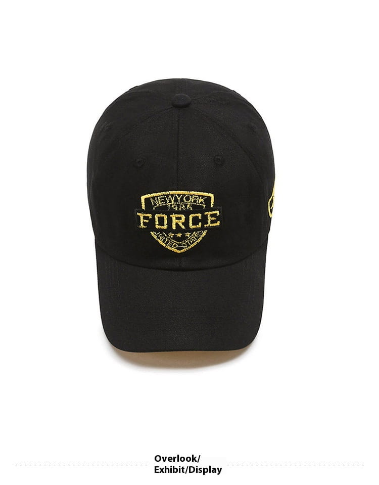 Black baseball cap featuring a gold embroidered new york force logo on the front.