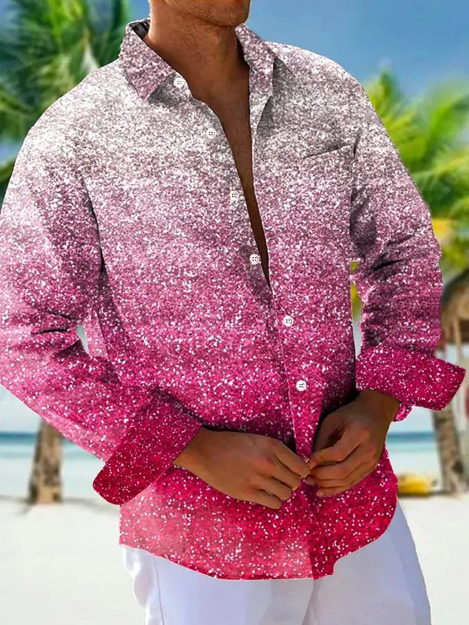 Men beige linen shirt with geometric trim shown in a shimmering pink-to-silver gradient long-sleeve button-up style with glittery texture.