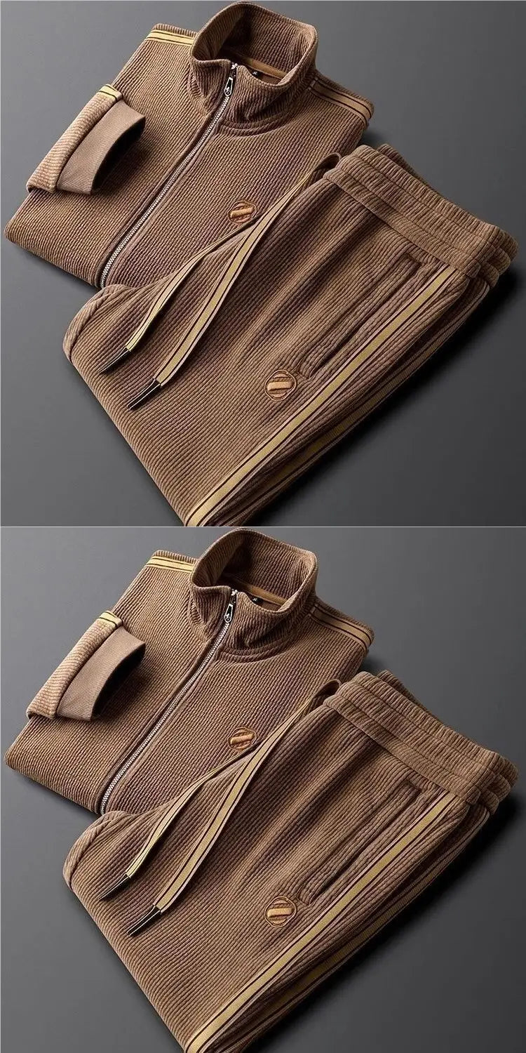 Men corduroy striped tracksuit set featuring a brown ribbed knit zip-up top and matching pants with subtle gold trim along the zipper and pocket edges.