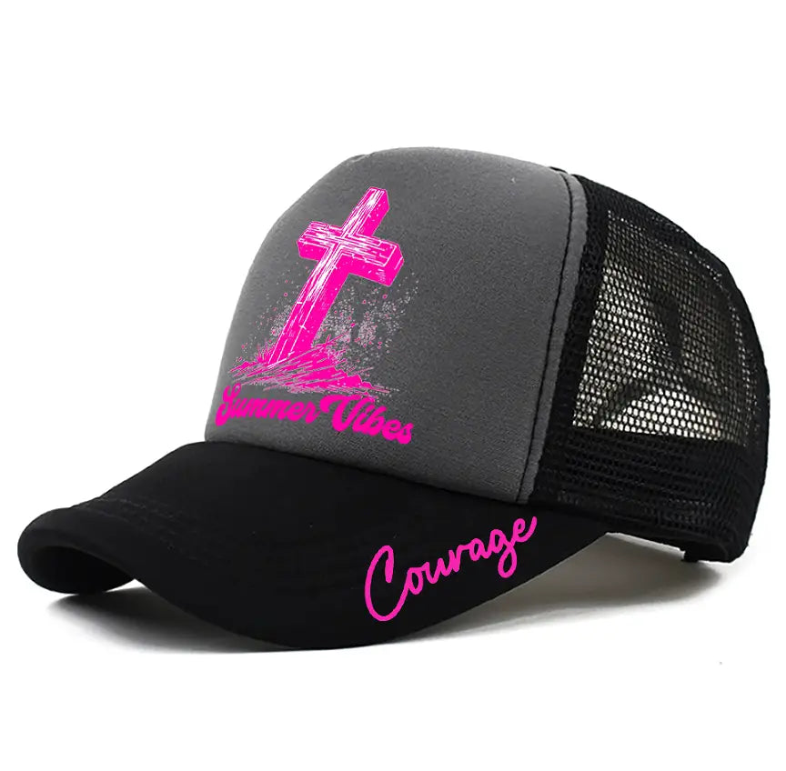 Gray and black trucker hat featuring a vibrant pink cross graphic and summer vibes text with the word courage in matching pink script on the brim.