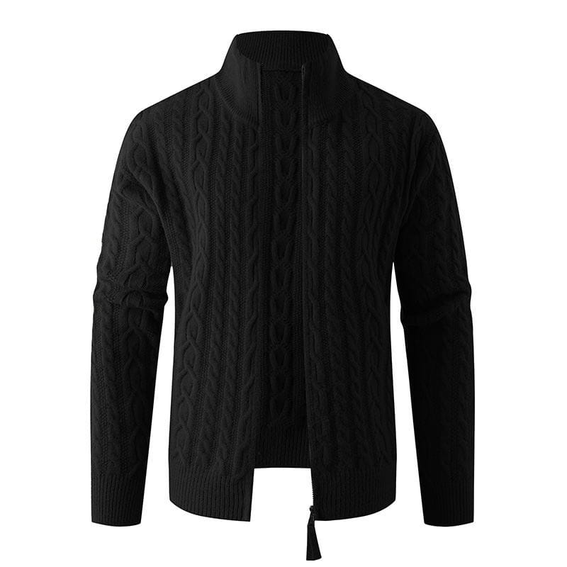 Black thick cable knit zip-up sweater for men with a high collar and ribbed cuffs