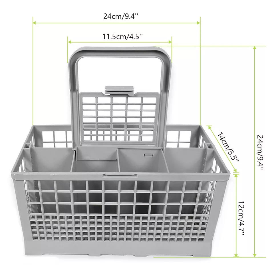 Gray plastic dishwasher cutlery basket for Hotpoint Indesit with a handle and multiple compartments.