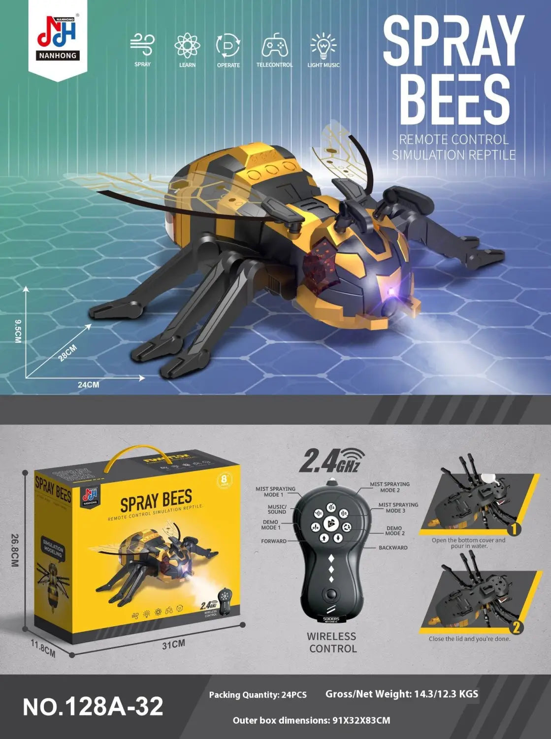 yellow and black remote control spray dragonfly centipede toy with led lights simulating a bee designed for reptile interaction and entertainment