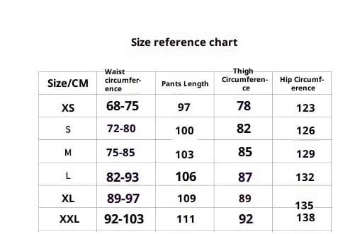 Size reference chart for winter outdoor loose ski pants showing measurements in centimeters for sizes xs to xxl.