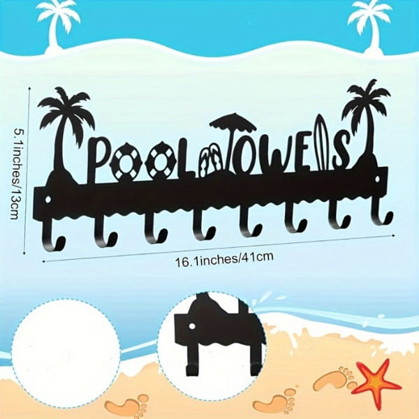 Black metal pool towel rack wall mounted with eight hooks featuring palm trees and beach accessories cutouts for outdoor organization.