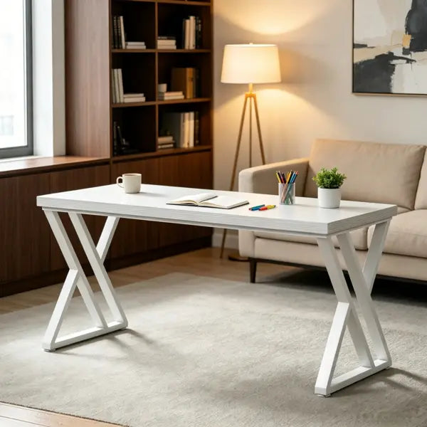 Escritorio de escritura industrial de 55 pulgadas, mesa de madera blanca con patas metálicas blancas en forma de X y una superficie lisa y minimalista.